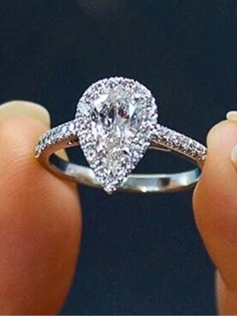 Italian Luxury Diamond Simulant Pear Halo Ring Elegant Engagement Style Sz 7 New - Picture 6 of 6